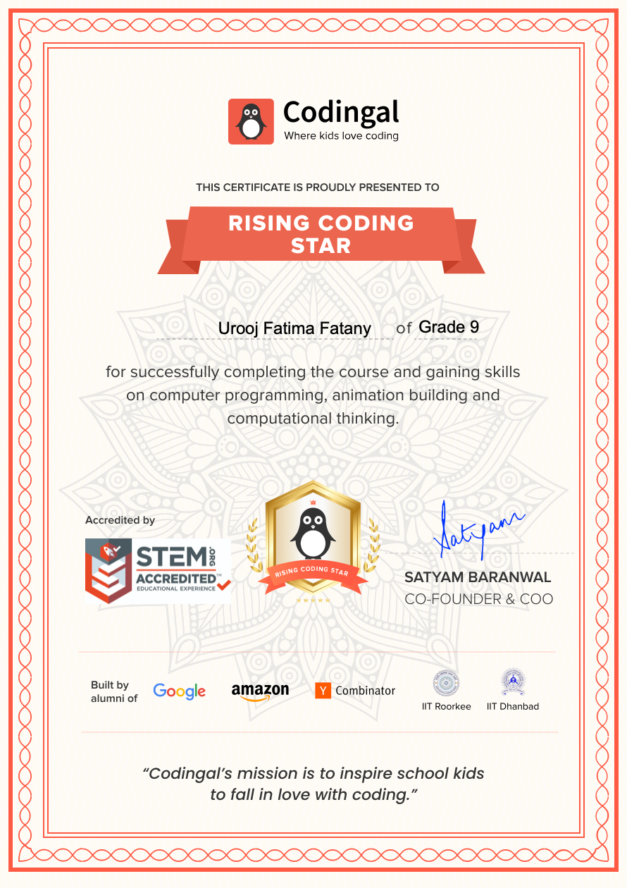 Codingal Rising Coding Star certificate, Grade 9