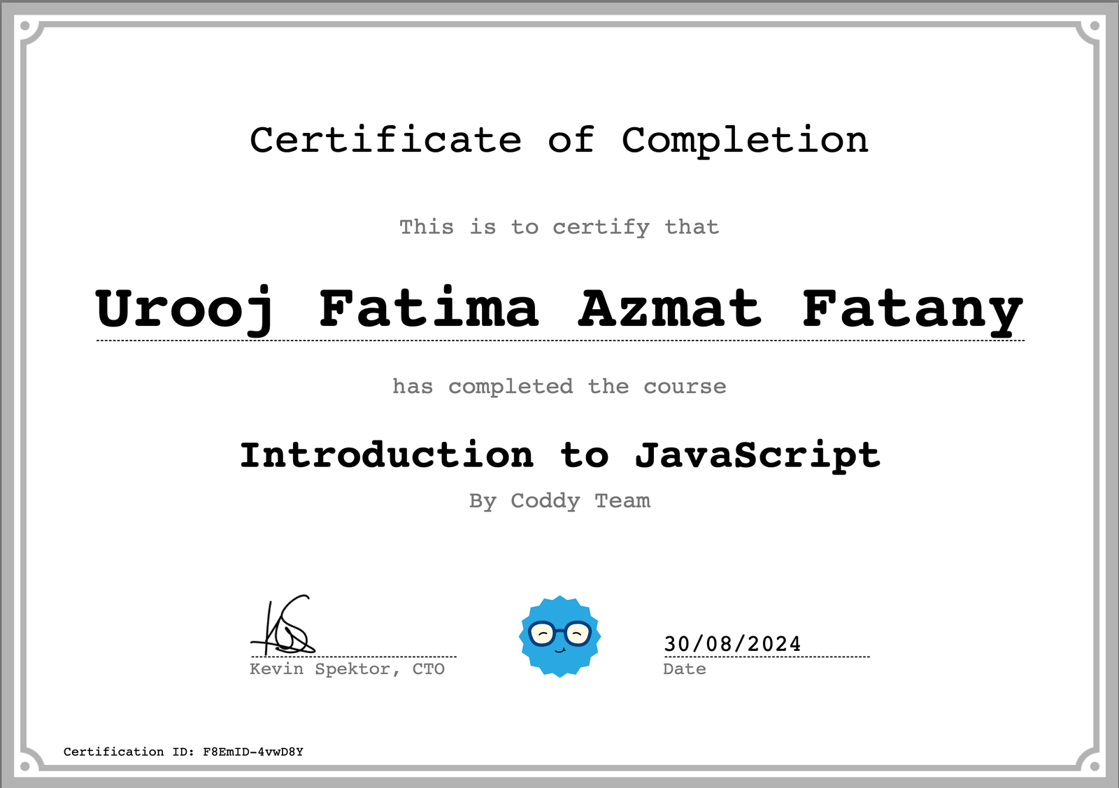 Coddy certificate of completion: Introduction to JavaScript, August 2024