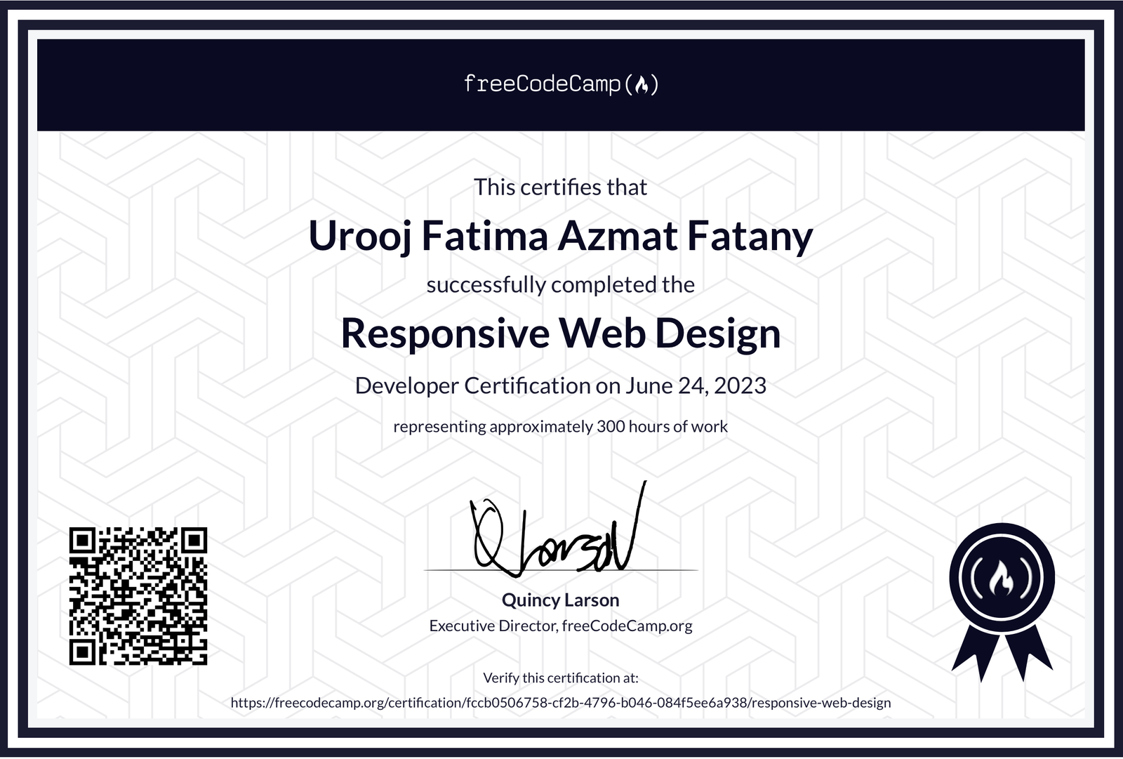 freeCodeCamp Responsive Web Design developer certification, June 2023