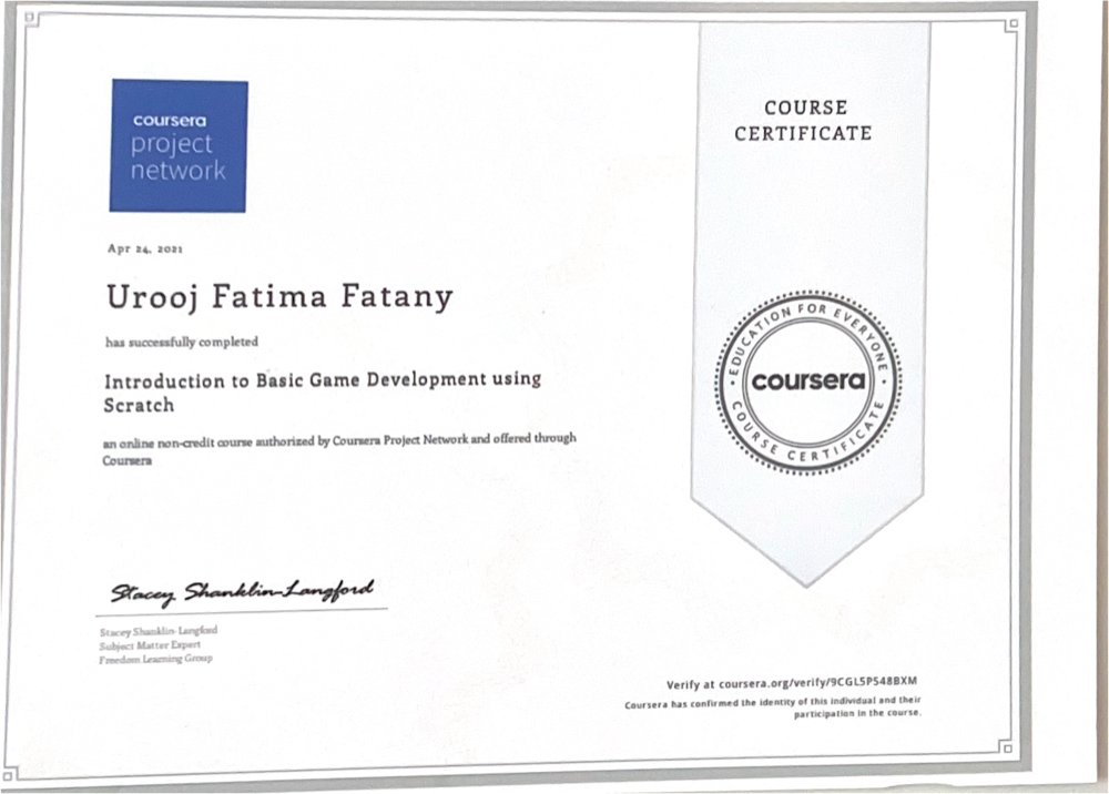Coursera certificate: Introduction to Basic Game Development using Scratch, April 2021