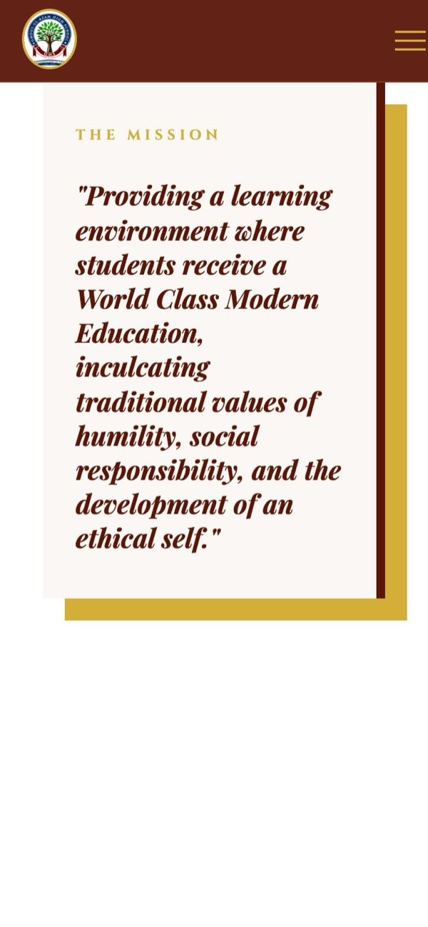 The school mission on a phone, set in italic serif inside an ivory card with a gold offset