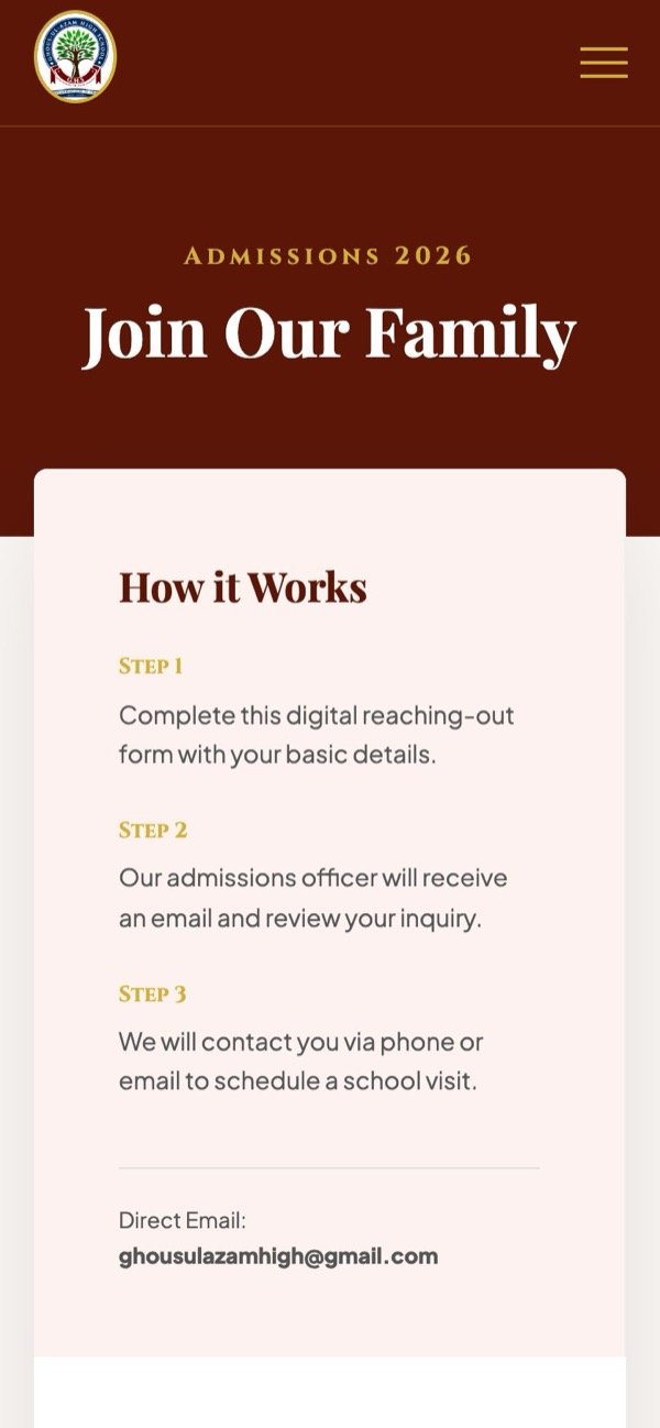 The admissions page on a phone: Join Our Family, with the three-step How it Works panel