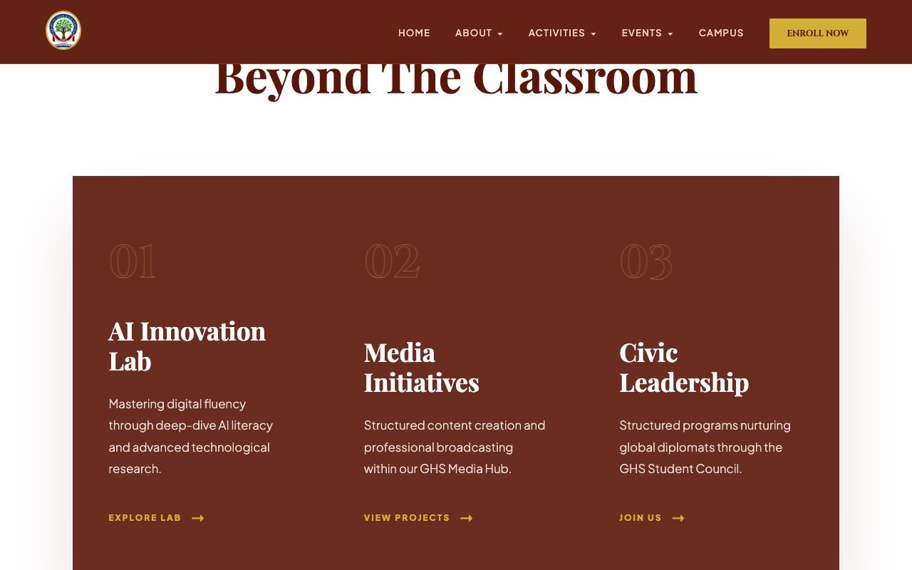 Beyond The Classroom section on ghsofficial.com: AI Innovation Lab, Media Initiatives and Civic Leadership