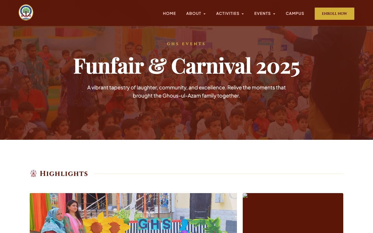 Funfair and Carnival 2025 page on ghsofficial.com, with a crowd of students under a maroon overlay