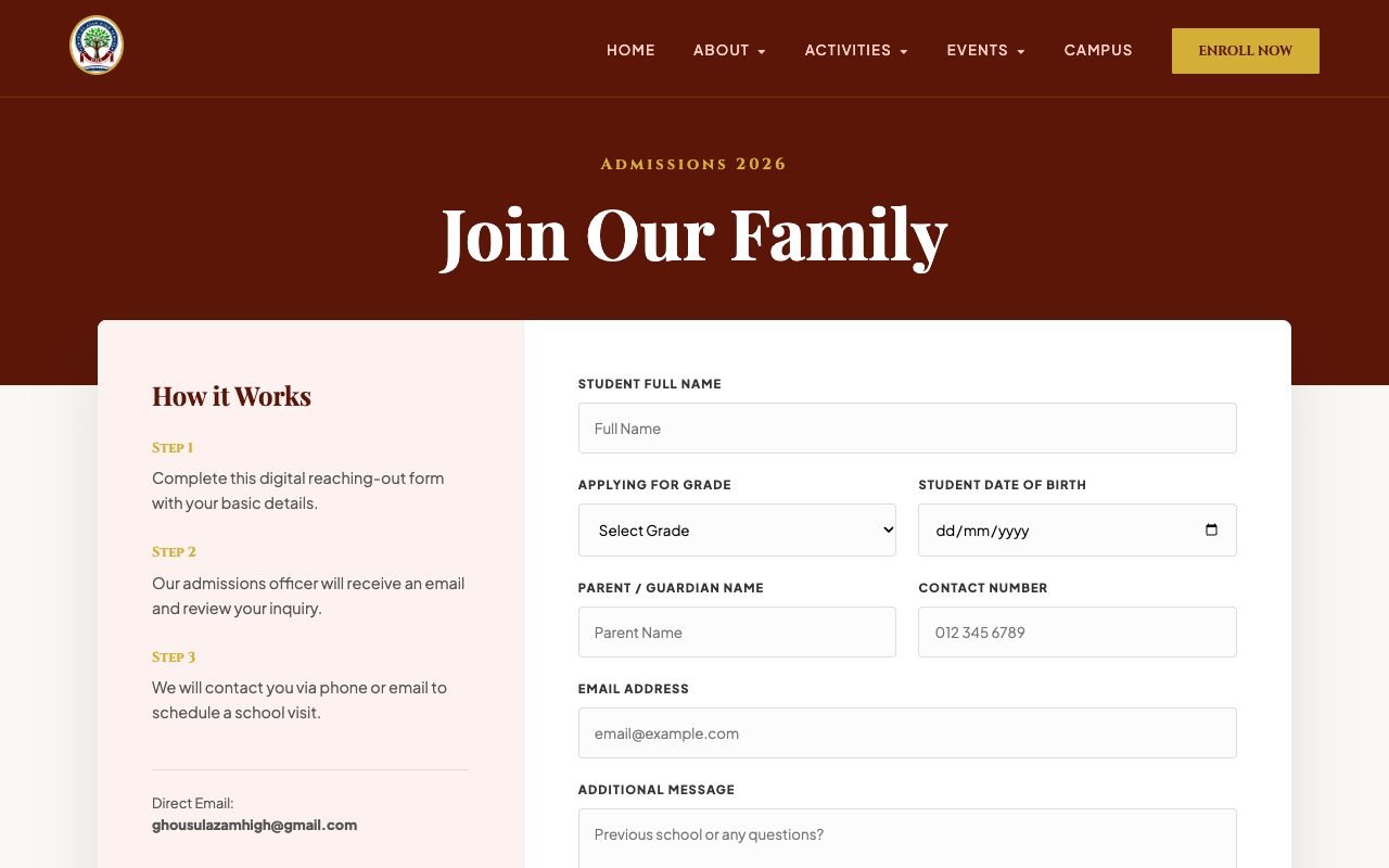 Enroll Now page on ghsofficial.com: Join Our Family, a How it Works panel beside the inquiry form