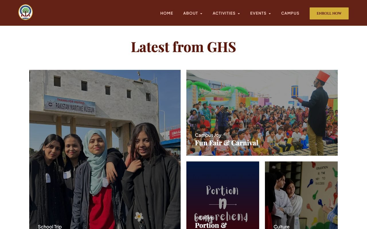 Latest from GHS on the homepage: Excursion 2026, Fun Fair and Carnival, Portion and Comprehend, Daily Pulse