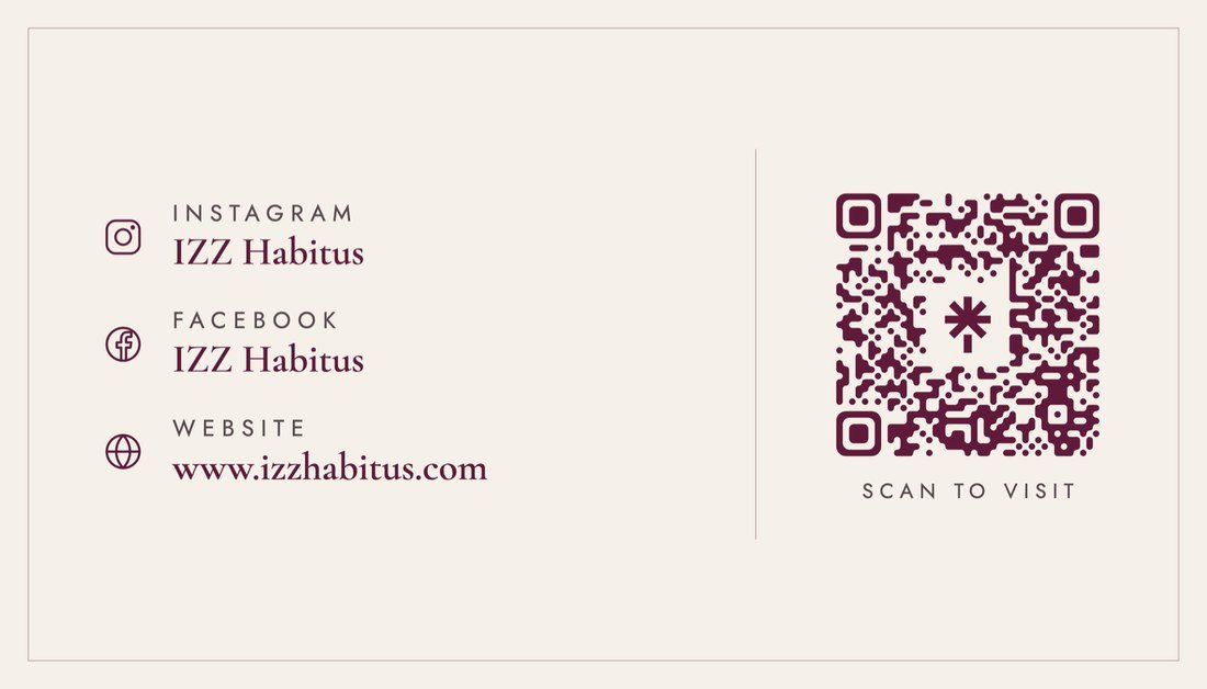 IZZ Habitus card, back: Instagram, Facebook and website details with a QR code