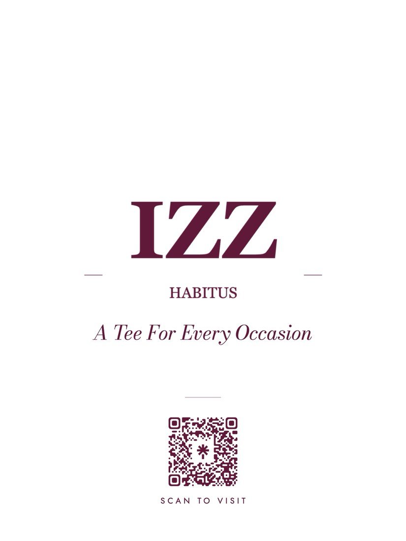 IZZ Habitus packaging insert: wordmark, tagline and QR code