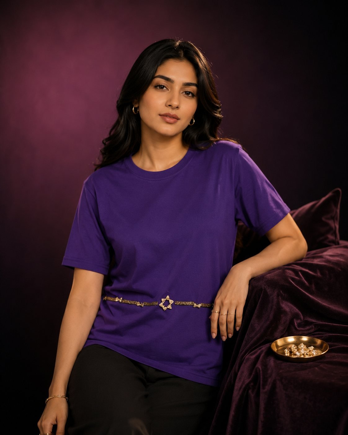 Editorial shot from the IZZ Habitus imagery: a model in the purple tee with a gold star belt, against a wine backdrop