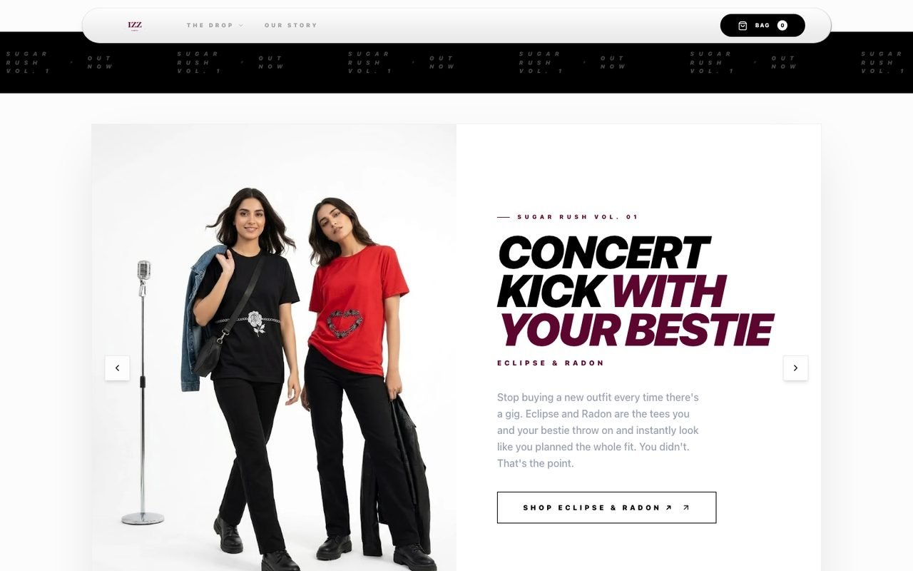 Collection feature on izzhabitus.com: Concert Kick With Your Bestie, two models in black and red tees