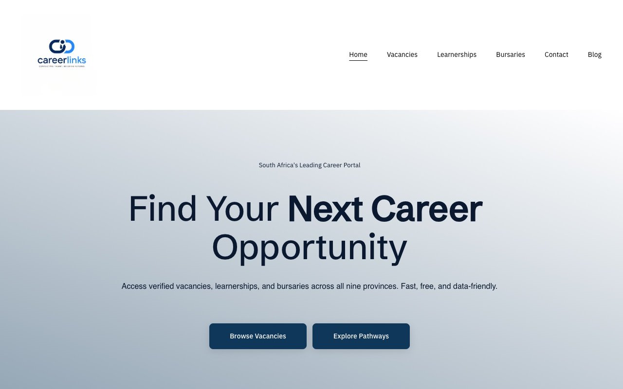 Homepage of careerlinks.co.za, the CareerLinks career portal