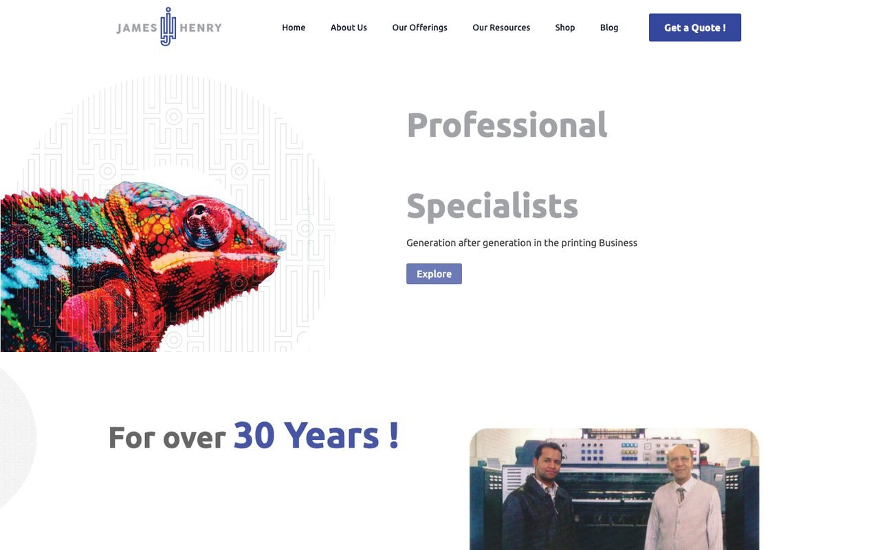 Homepage of jameshenry.co.za, the James Henry printing website