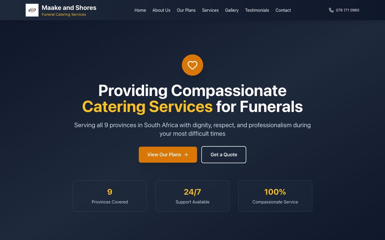 Homepage of maakeandshores.co.za, the Maake and Shores funeral catering website