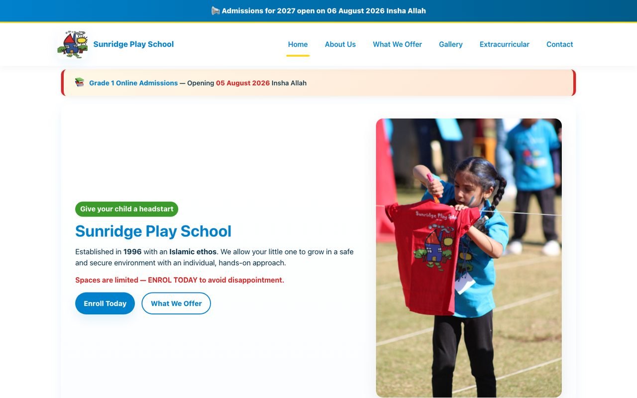 Homepage of sunridgeplayschool.co.za, the Sunridge Play School website