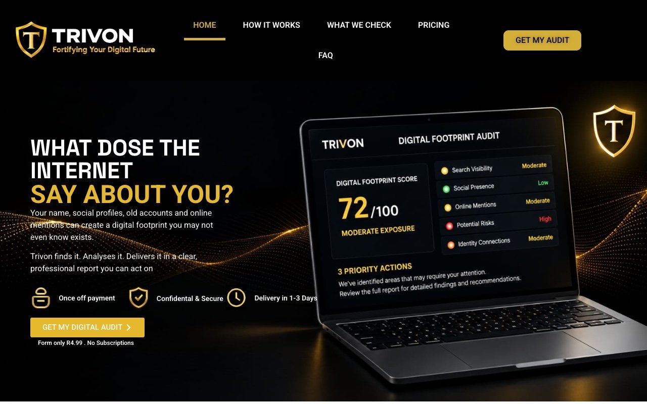 Homepage of trivon.co.za, the Trivon digital footprint audit website